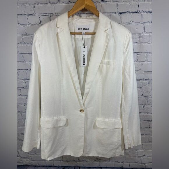 NWT STEVE MADDEN Optic White Linen On The Edge Coastal Casual Academia Blazer L - Picture 1 of 10